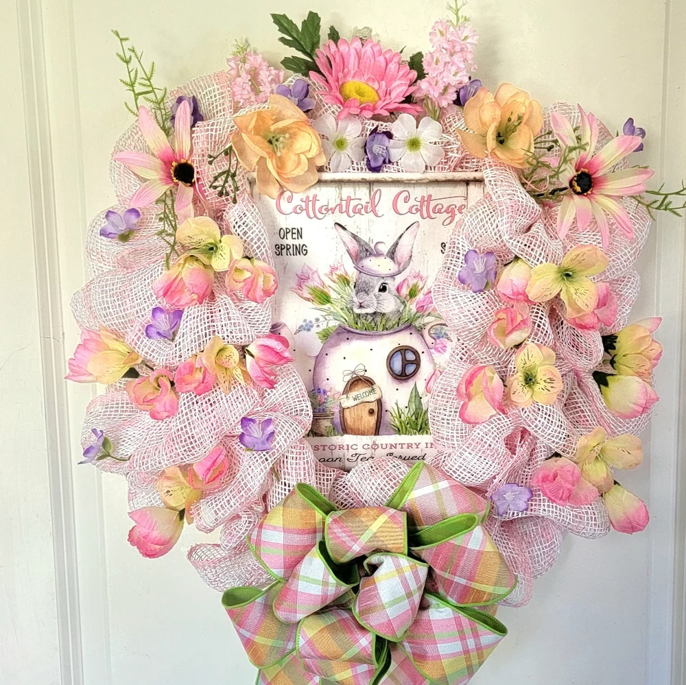 Easter Cottontail Inn Sign Bunny in a Teapot Deco Mesh Bow Floral Rabbit - Picture 1 of 8